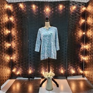 L.L.Bean Pima Cotton Tunic, Three-Quarter-Sleeve Splitneck Floral Print Size L